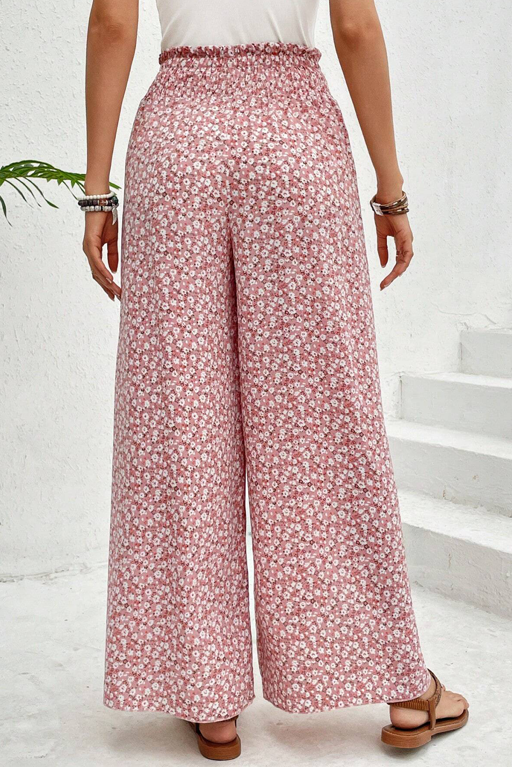 Black Bohemian Print Slit Wide Leg Smocked High Waist Trousers eAura
