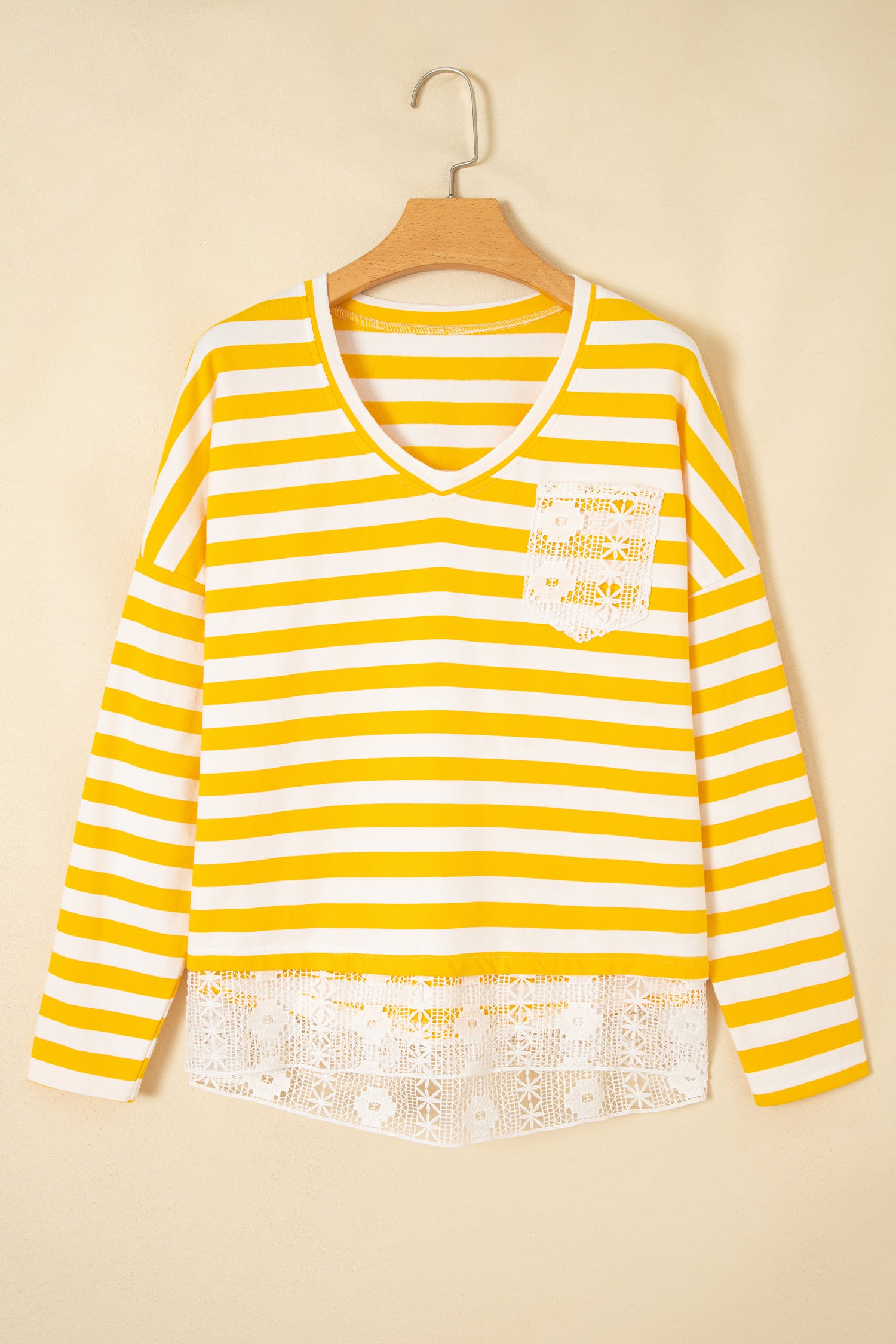 Striped Lace Patchwork V Neck Long Sleeve Top – Yellow Stripe
