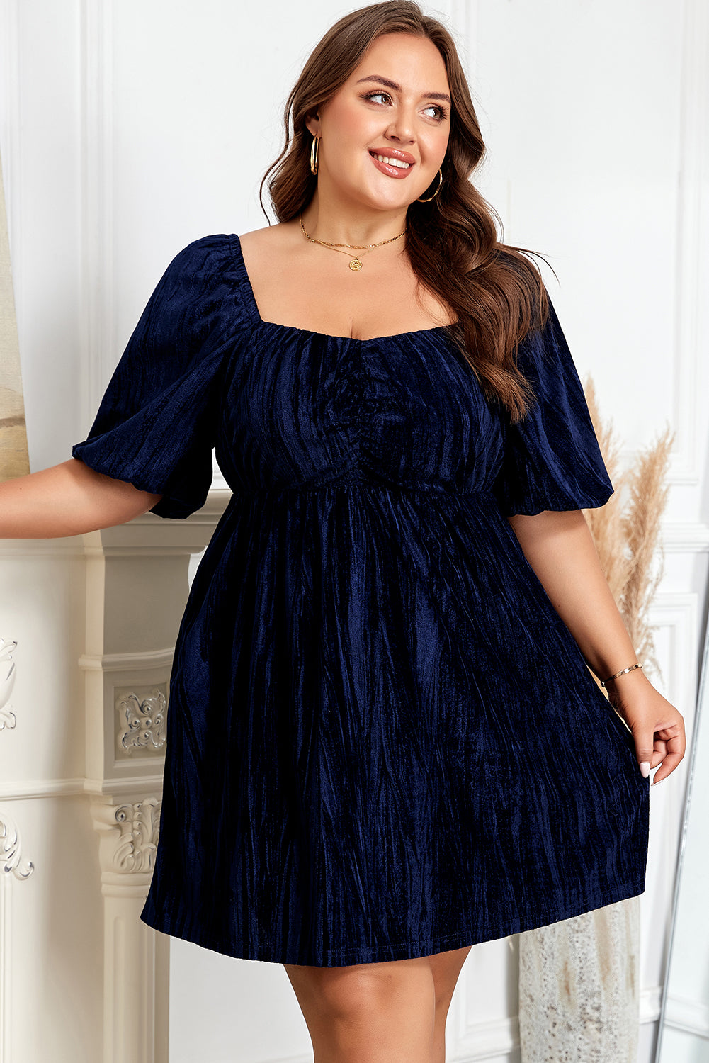 Velvet Ruched Bust Square Neck Short Puff Sleeve Plus Dress - Size/Plus Size Dresses/Plus Midi Dresses
