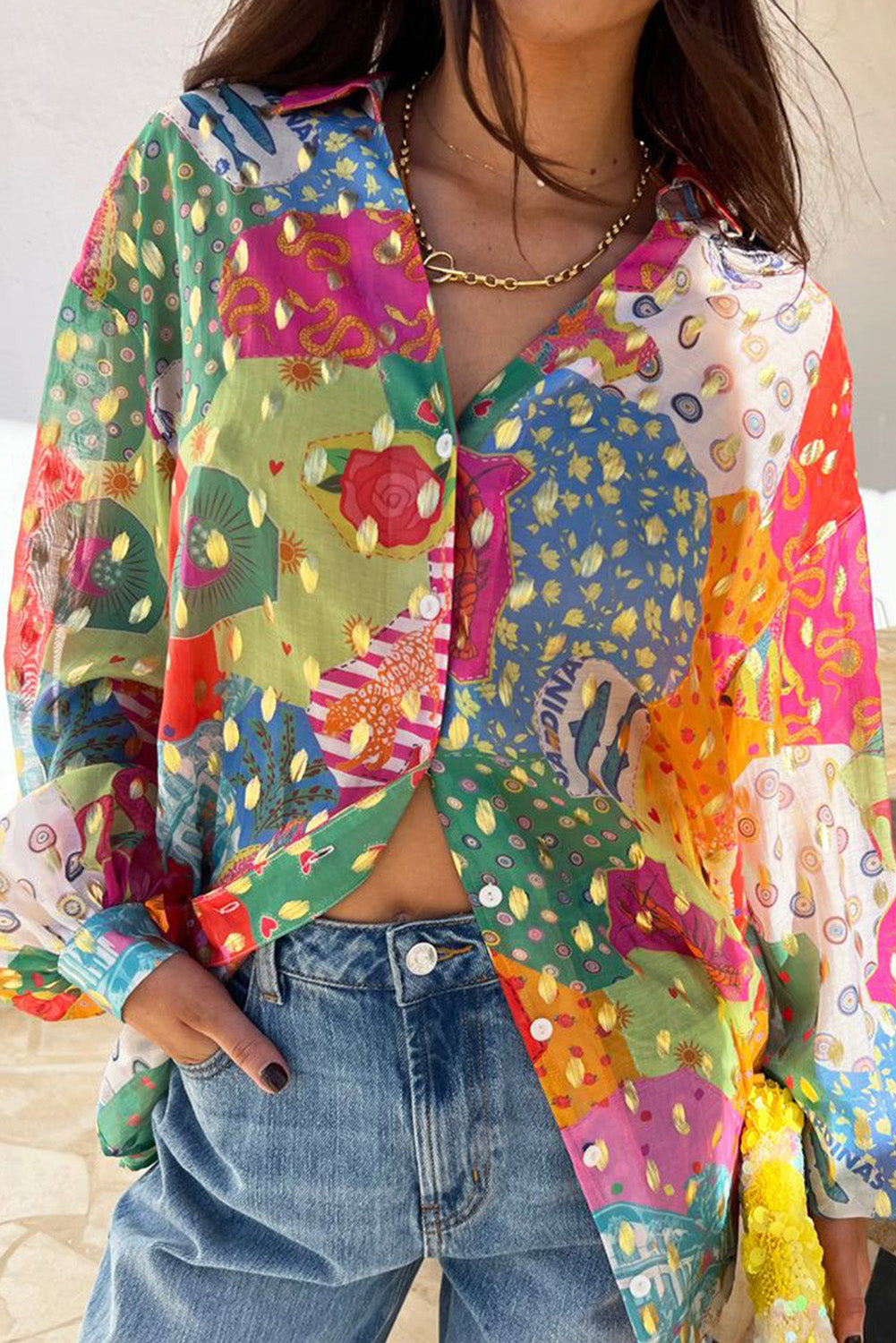 Rose Red Colourblock Abstract Print Button up Loose Shirt Beagle Boutique Fashion Outlet