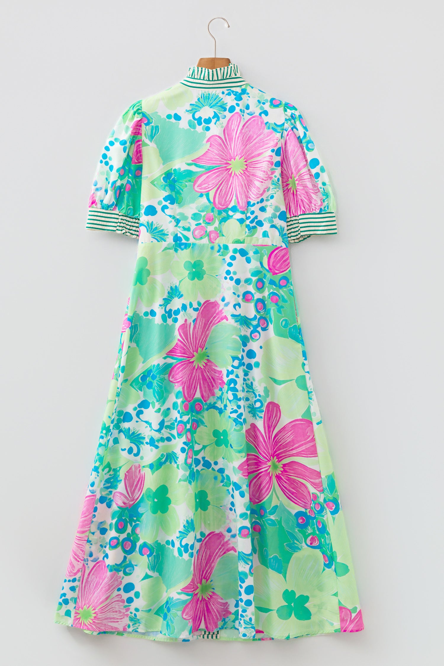 Floral Print Striped Trim Button-Down Shirt Dress