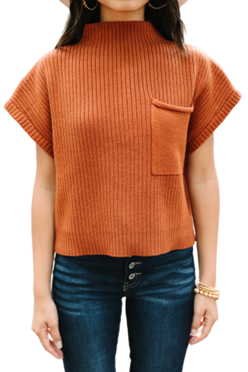 Black Patch Pocket Ribbed Knit Short Sleeve Sweater eAura