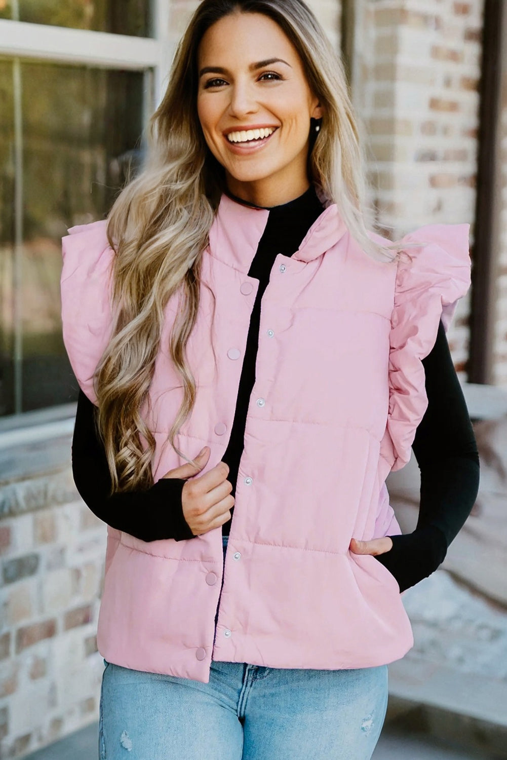 Pink Stand Neck Flutter Cap Sleeve Snap Button Puffer Vest - eAura