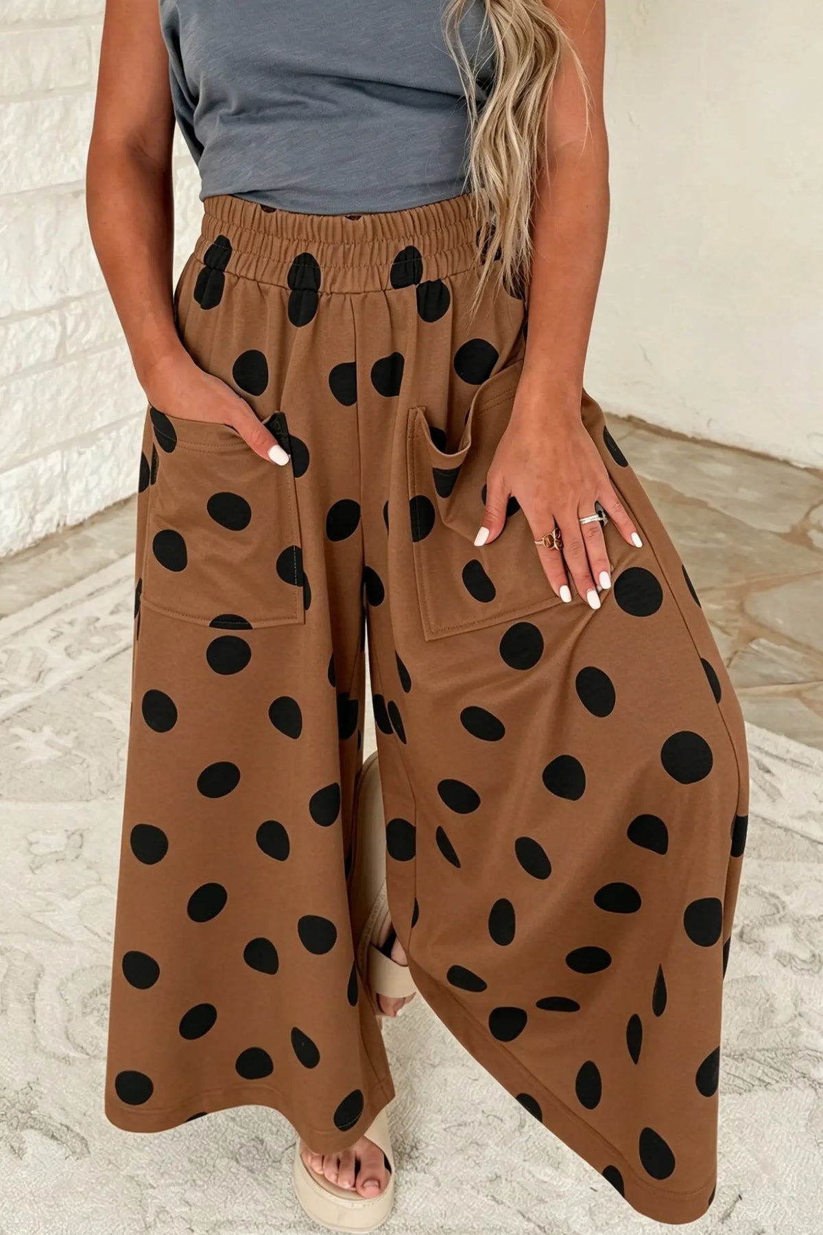 Sky Blue Polka Dot Wide Leg Elastic Waist Casual Pants – Light Blue