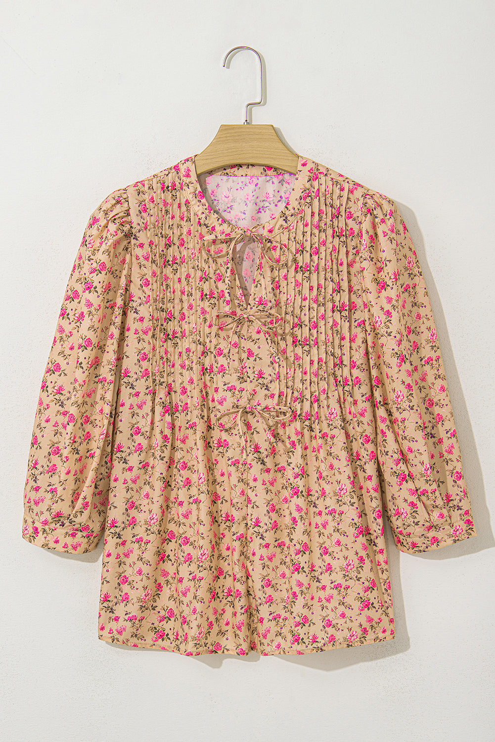 Floral Print Bow Pintuck Bust Half Puff Sleeve Blouse eAura