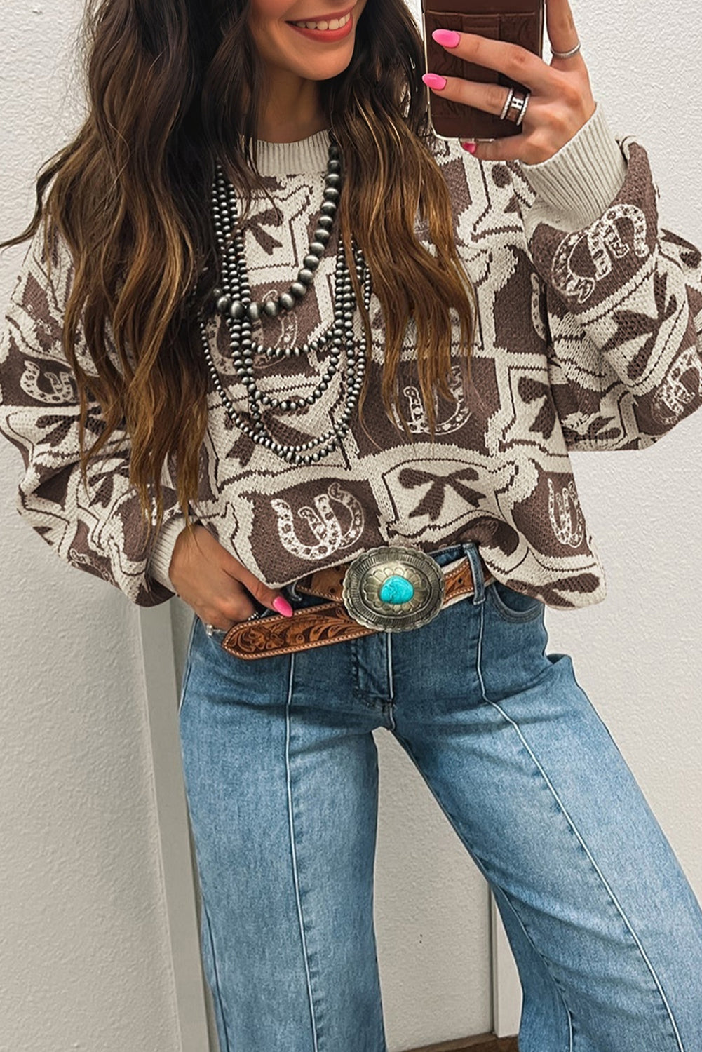 Bows & Horseshoes Pattern Western Fashion Print Sweater eAura
