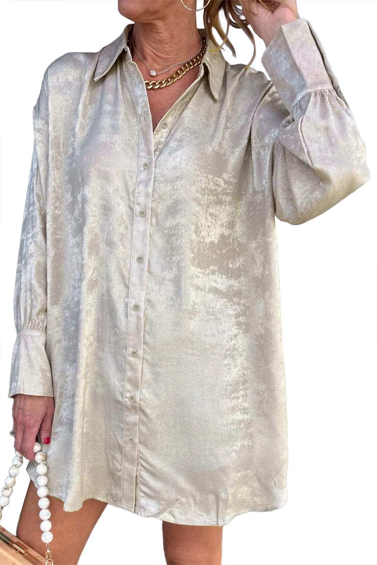 Jet Stream Solid Pattern Mini Length One Piece Long Sleeve Shift Dress – Cream
