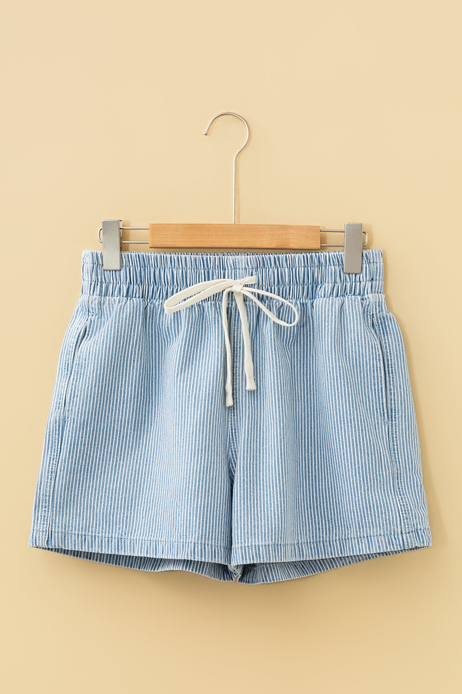 Drawstring Elastic Waist Casual Denim Shorts – Sky Blue Stripe