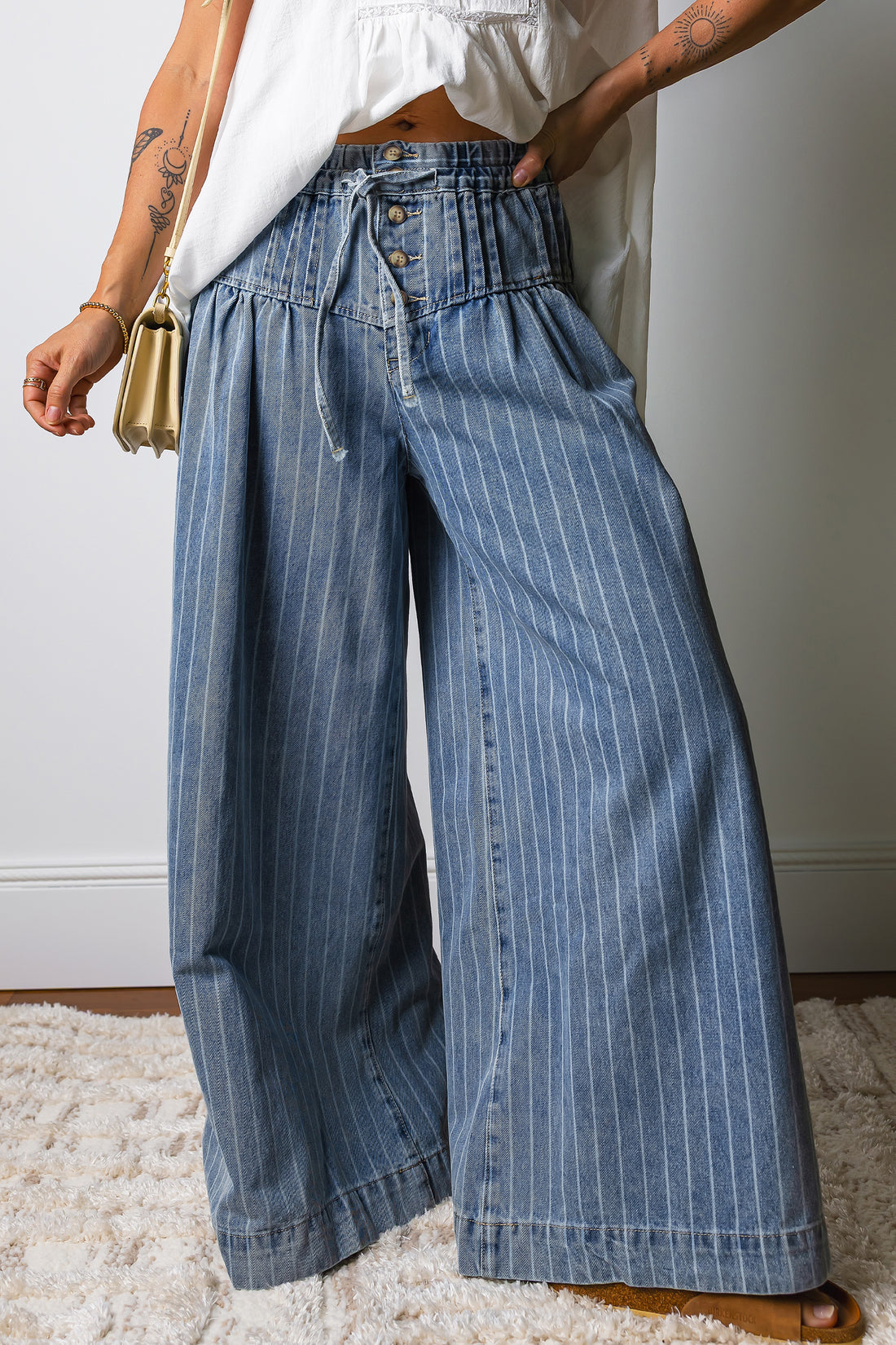 Stripe Button Pleated Drawstring Waist Wide Leg Jeans - Bottoms/Jeans/WideLeg