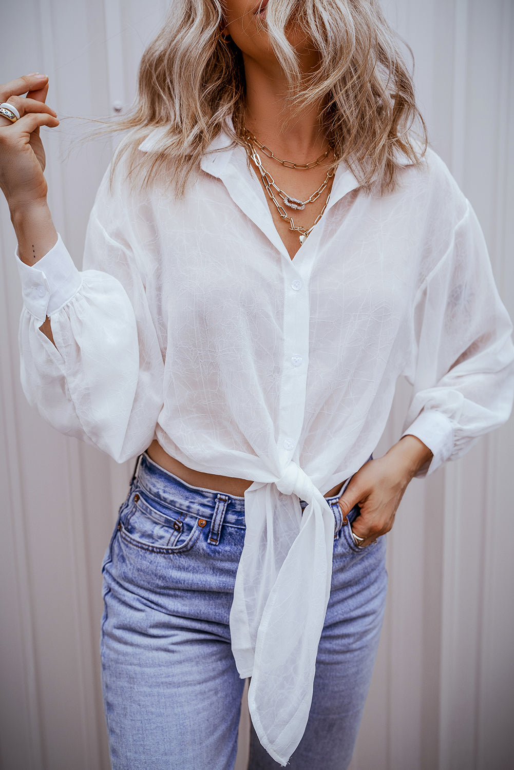 White Solid Knotted Front Loose Fit Sheer Shirt eAura