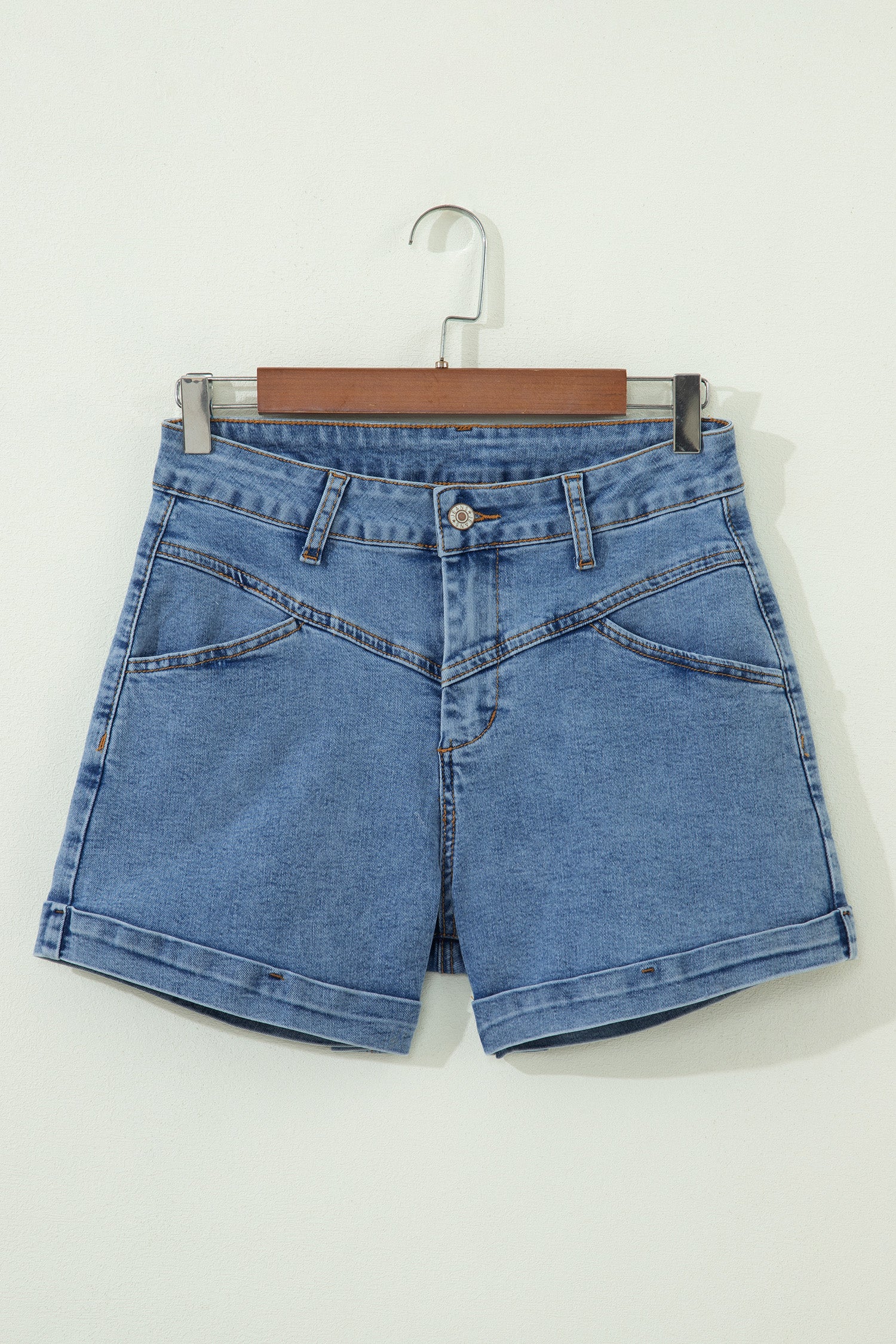 Cuffed Hem Denim Shorts with Seam Detail & Pockets