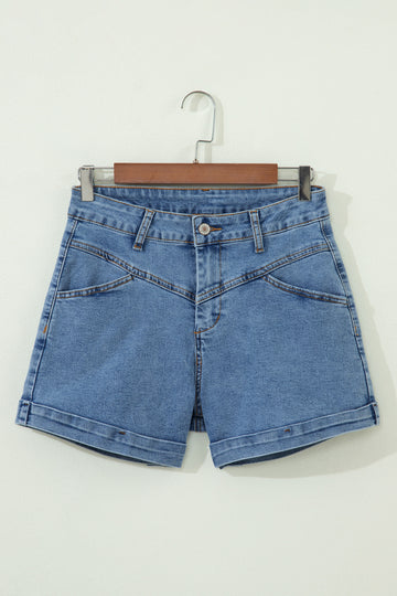 Cuffed Hem Denim Shorts with Seam Detail & Pockets
