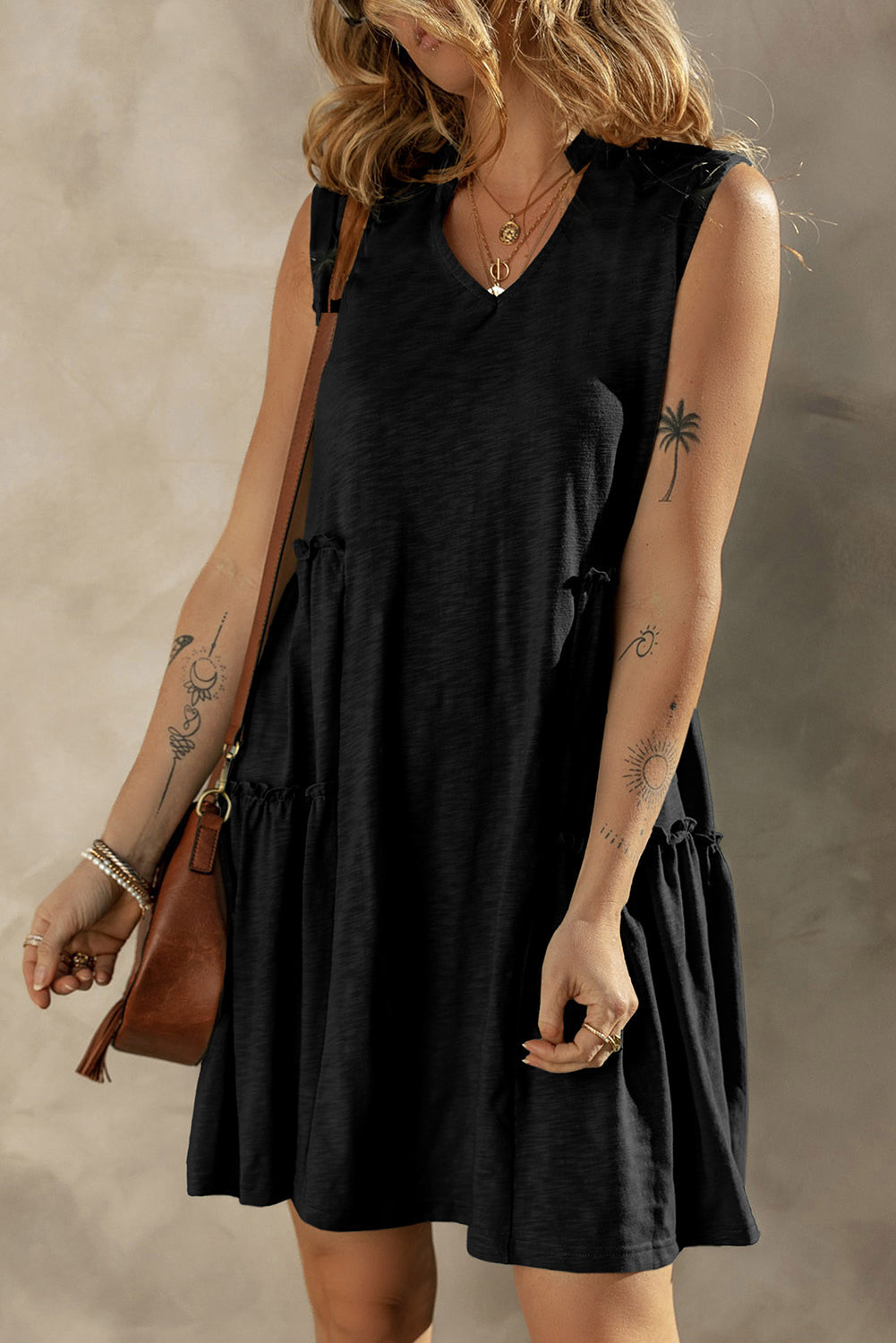 Moonlight Jade Split V Neck Tiered Flowy Sleeveless Dress BB Fashion Outlet