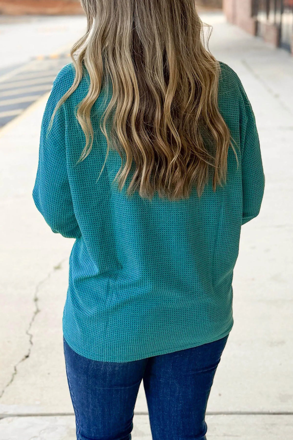 V Neck Waffle Textured Button Front Tunic Long Sleeve Plus Size Cardigan – Lapis