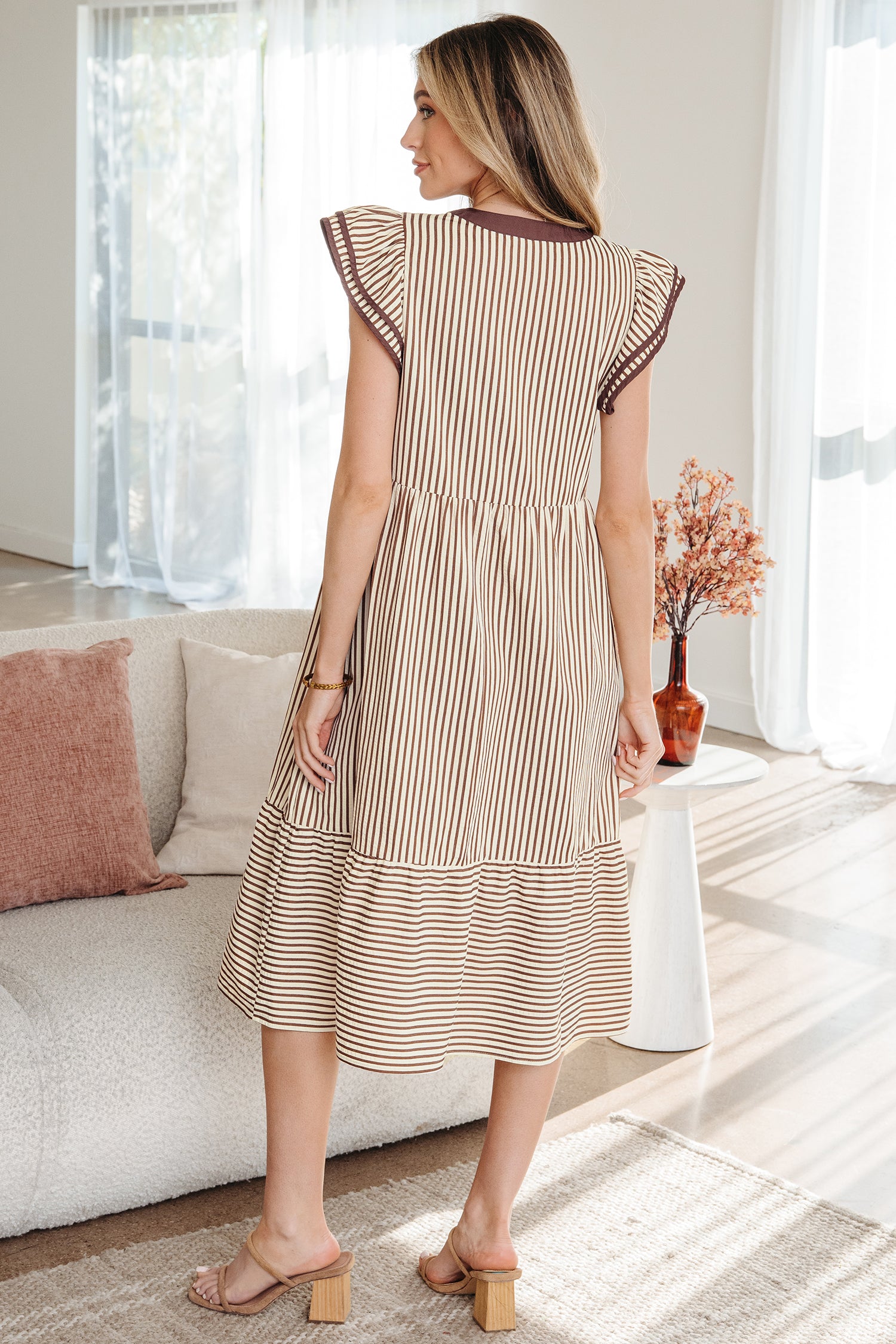 Stripe Double Ruffle Short Sleeve Contrast Trim V-Neck Midi Dress DL