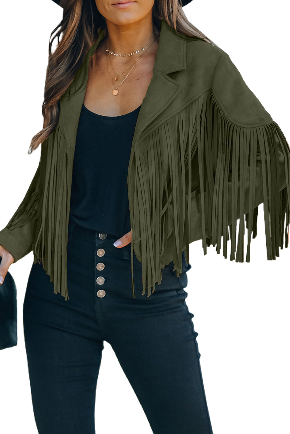Cropped Fringe Faux Suede Jacket - Outerwear/Jackets