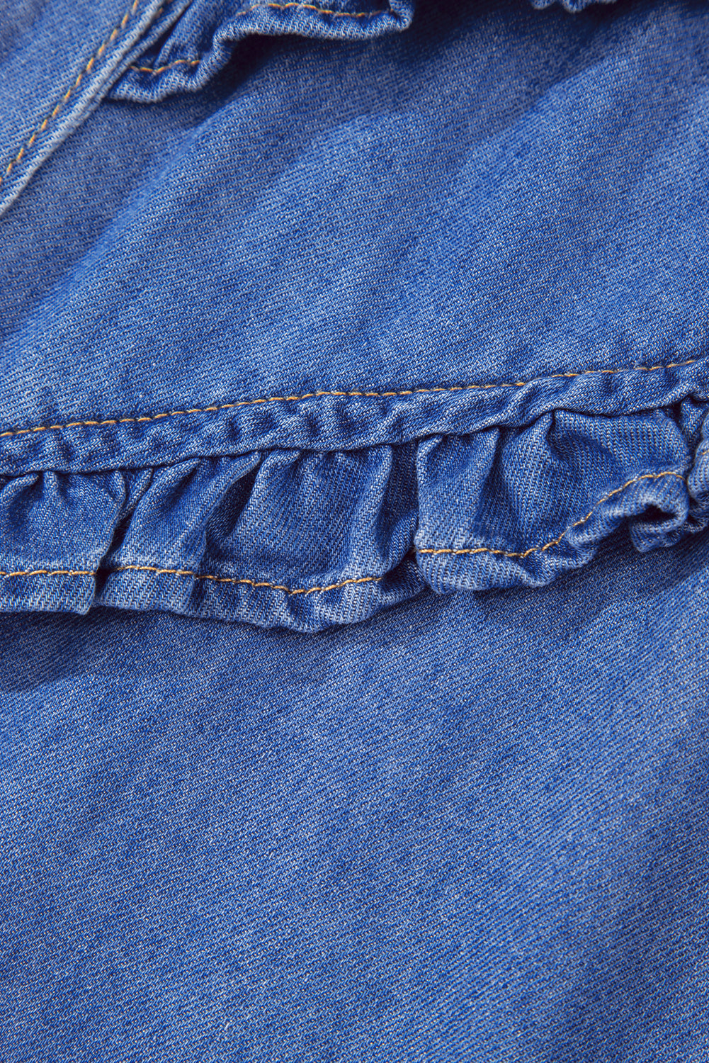 Mineral Wash Cap Sleeve Ruffled Button Up Denim Shirt eAura