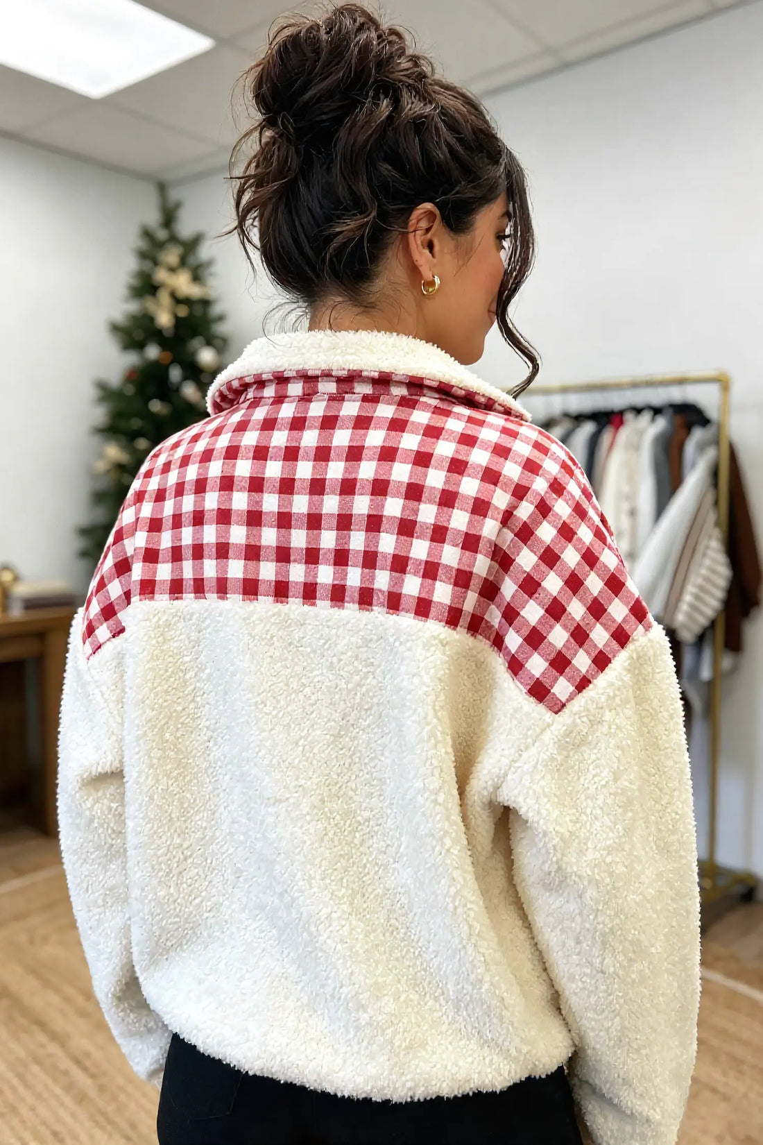 Plush Plaid Patchwork Merry Christmas Baggy Sweatshirt