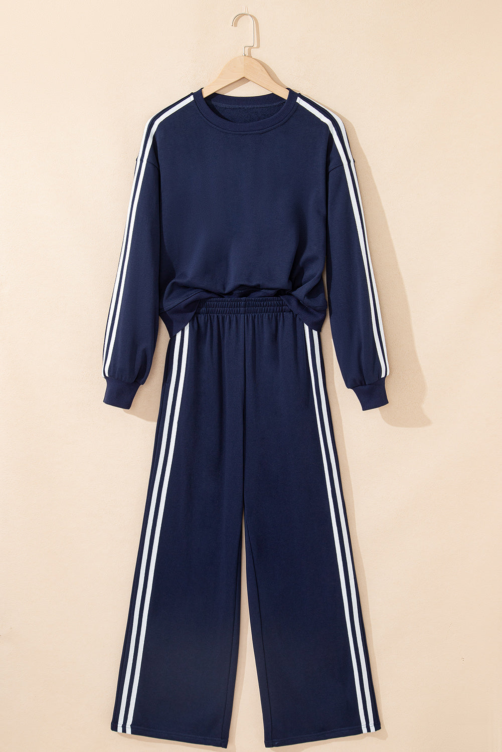 Varsity Striped Detail Crewneck Pullover Elastic Sweatpants 2pcs Co-ord eAura