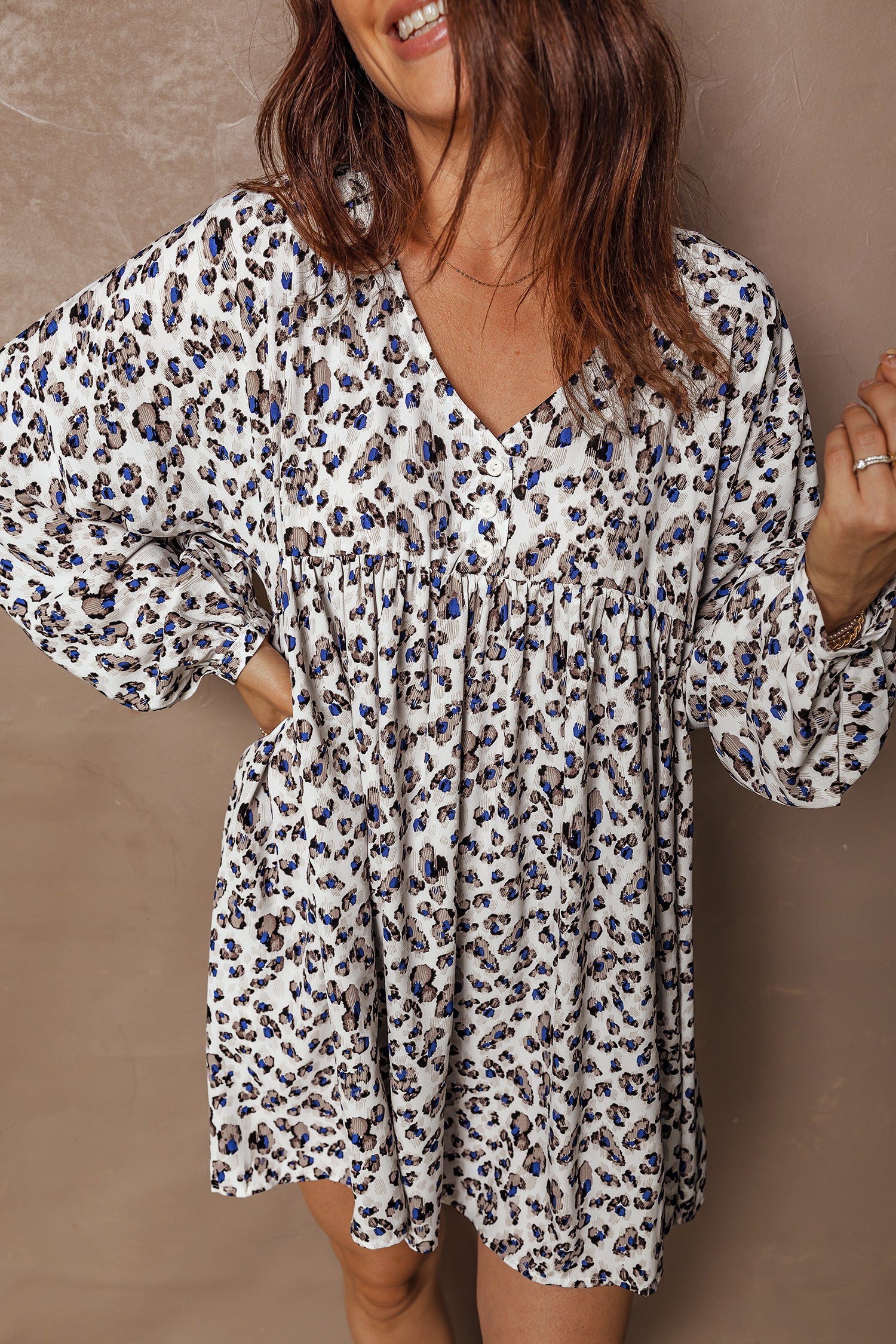 Multicolour Leopard Print V-Neck Button Detail Long Sleeve Mini Dress