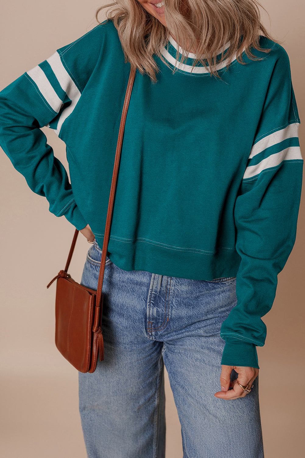 Green Contrast Striped Patchwork Round Neck Drop Shoulder Sweatshirt - eAura
