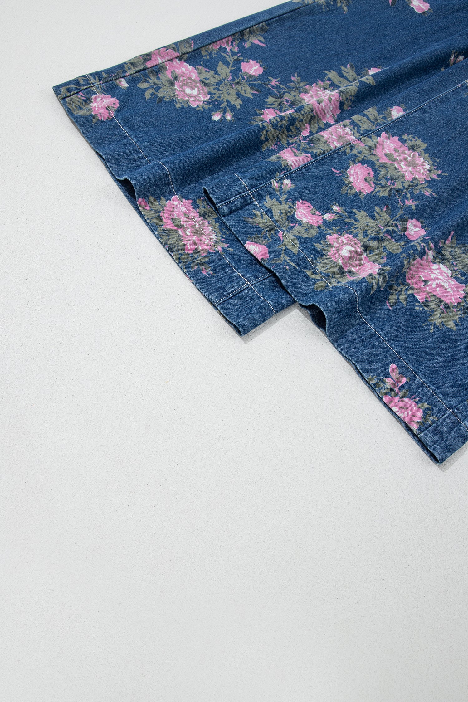 Floral Print Elastic Waist Pintuck Wide Leg Jeans