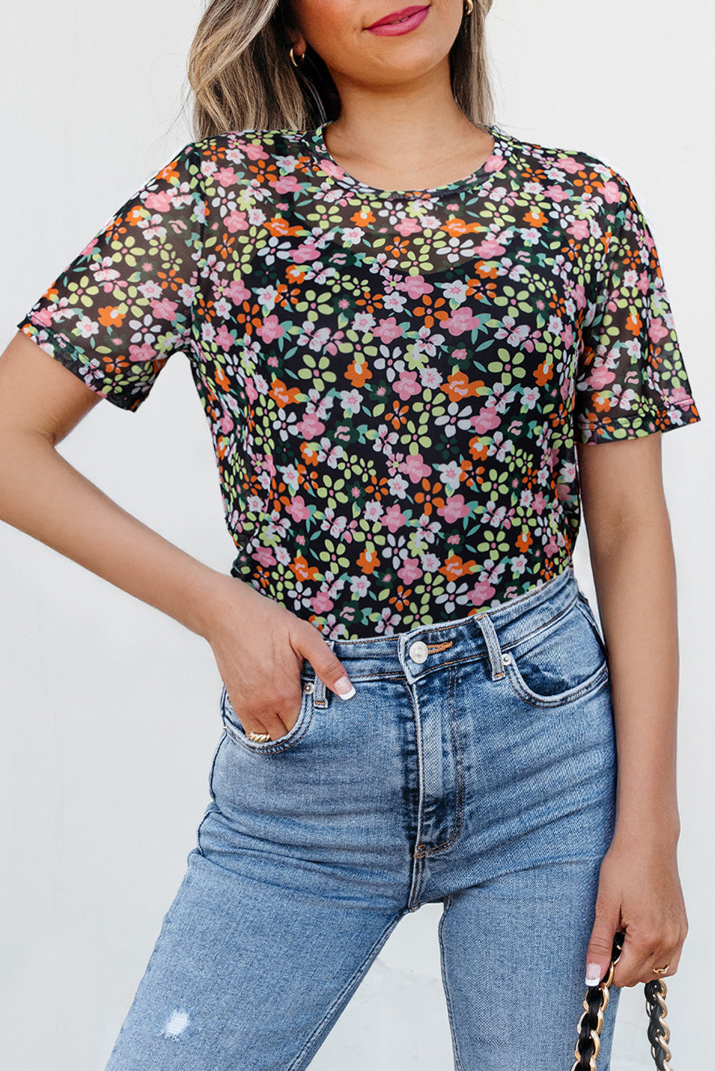 Black Sheer Floral Mesh Round Neck T-Shirt eAura