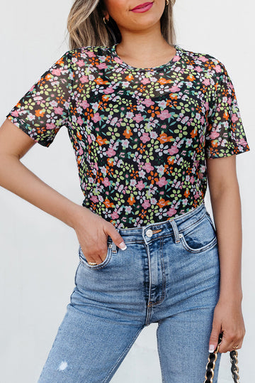 Black Sheer Floral Mesh Round Neck T-Shirt eAura