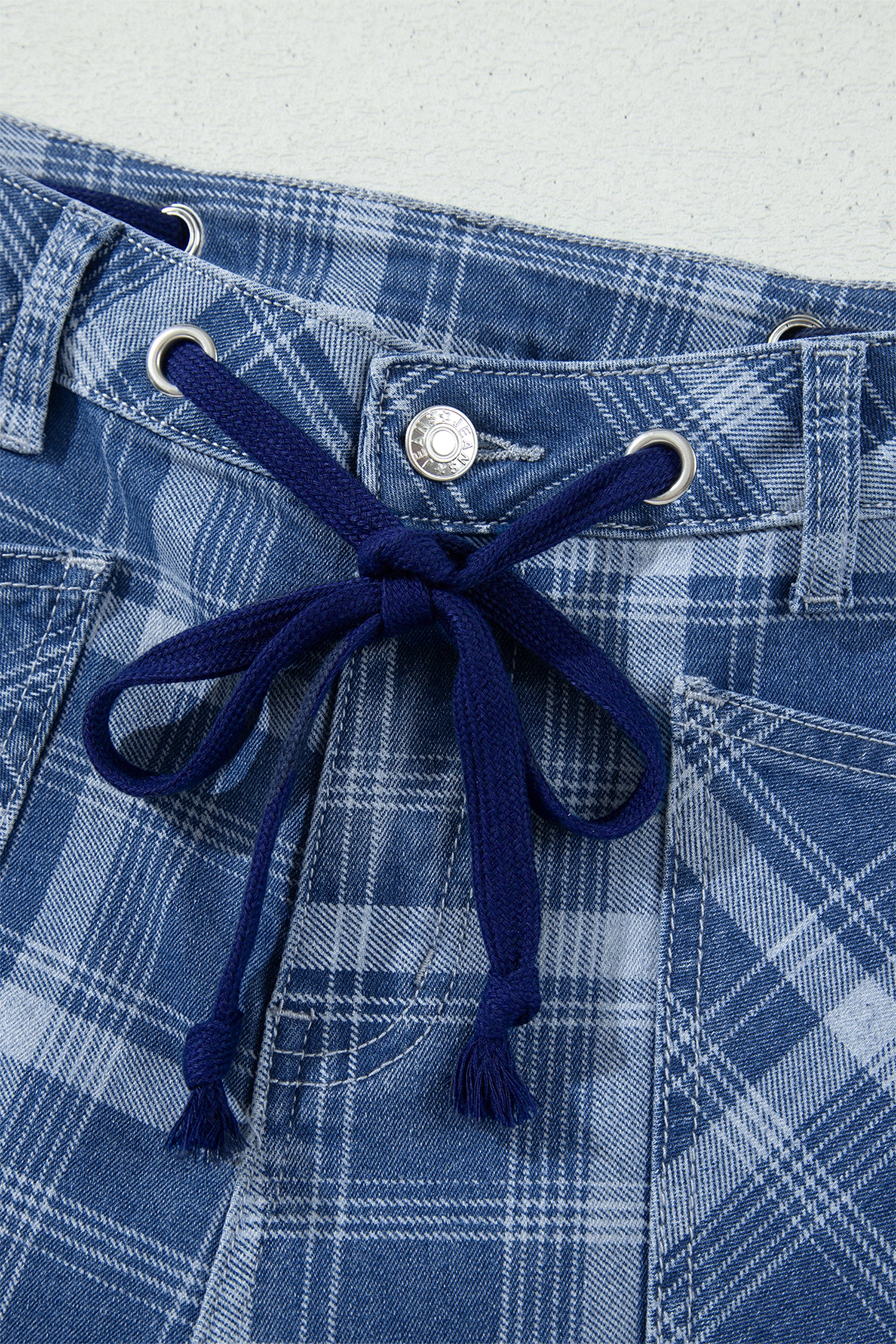 Sky Blue Plaid Denim Grommet Drawstring Waist Ankle-Length Jeans – Light Blue
