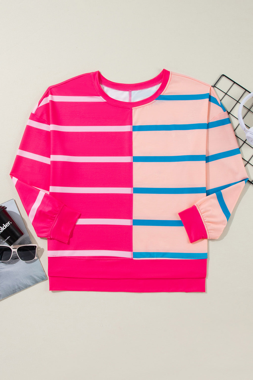 Rose Stripe Colour Block Crewneck Long Sleeve Plus Size T Shirt BB Fashion Outlet