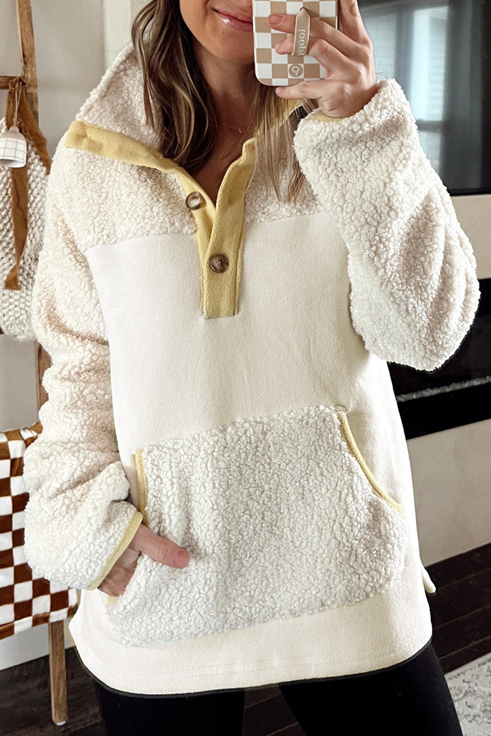 Beige Fleece Colourblock Trim Buttons Collar Sweatshirt with Pocket eAura