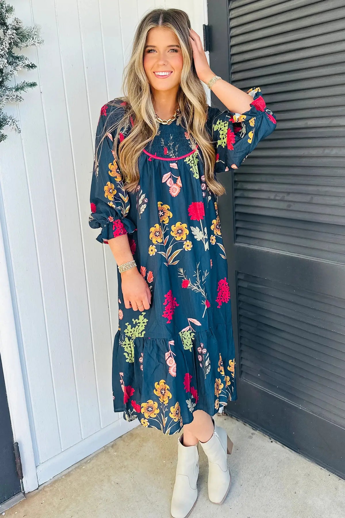 Floral Print Gathered Neckline 7/8 Sleeve Casual Midi Dress