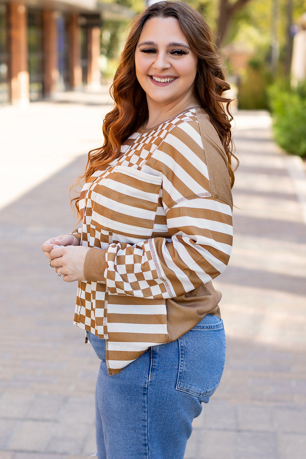 Khaki Striped Checkered Mixed Print Chest Pocket Casual Plus Size Top BB Fashion Outlet