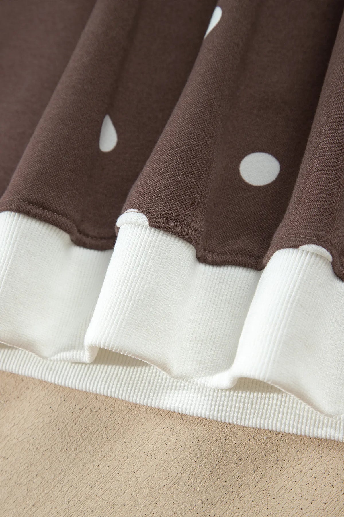 Polka Dot Ribbed Trim Long Sleeve Top Casual Short Set – Brown