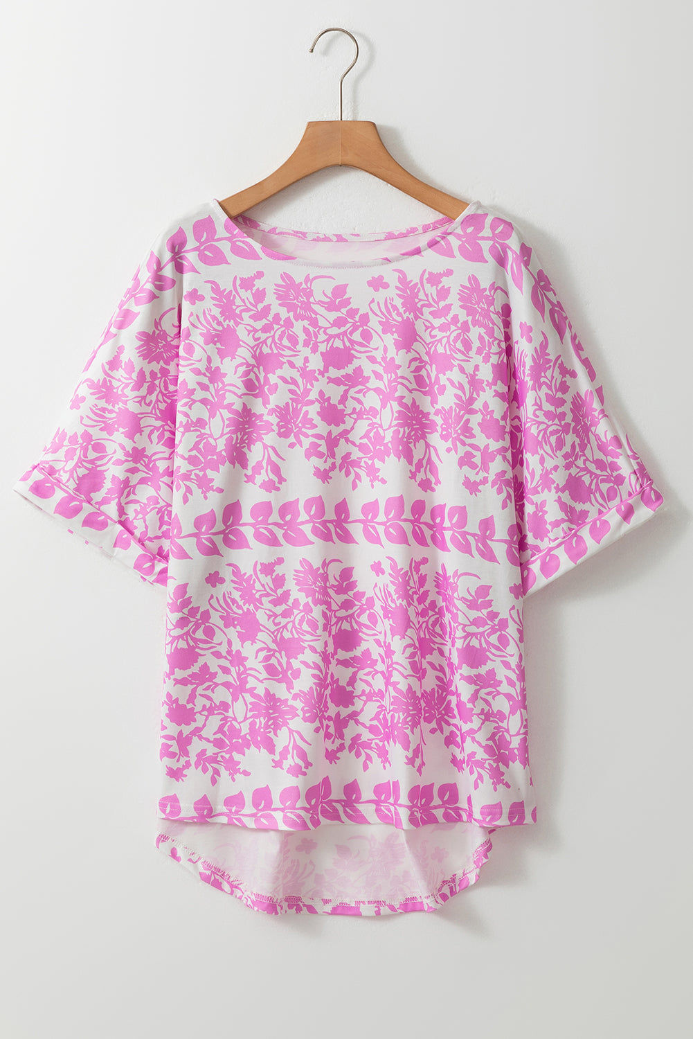 White Floral Printed Curved Hem Plus Size T Shirt BB Fashion Outlet