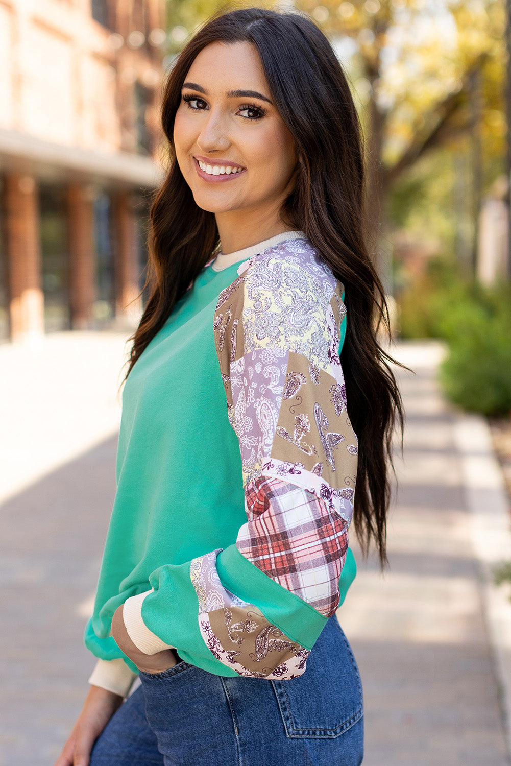 Aruba Blue Plaid Vintage Paisley Patchwork Long Sleeve Raglan Top Beagle Boutique Fashion Outlet