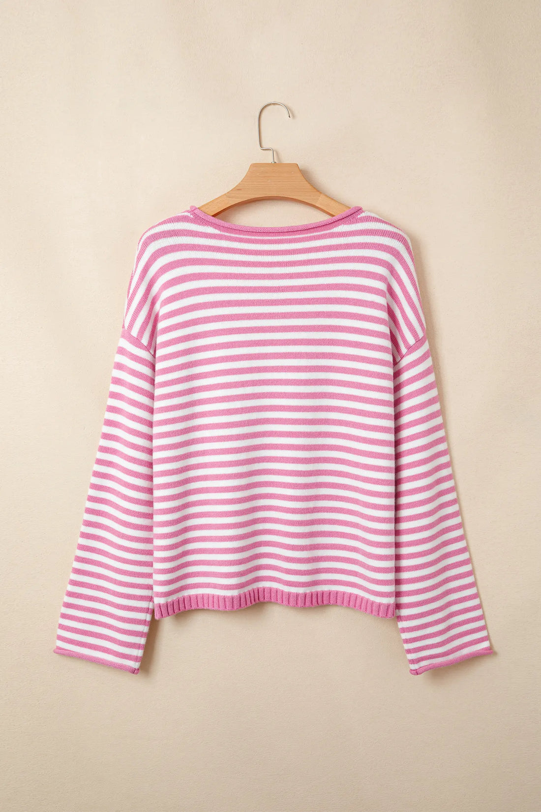 Striped Button Placket Drop Shoulder Long Sleeve Sweater – Pink Stripe