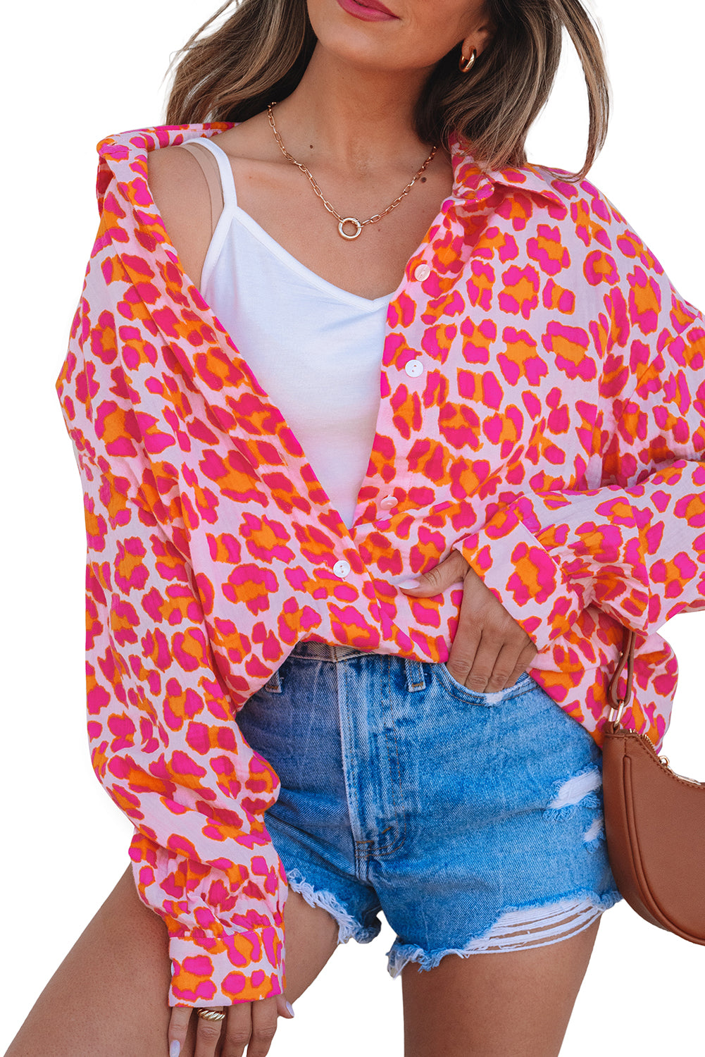 Rose Leopard Printed Button Up Loose Shirt BB Fashion Outlet