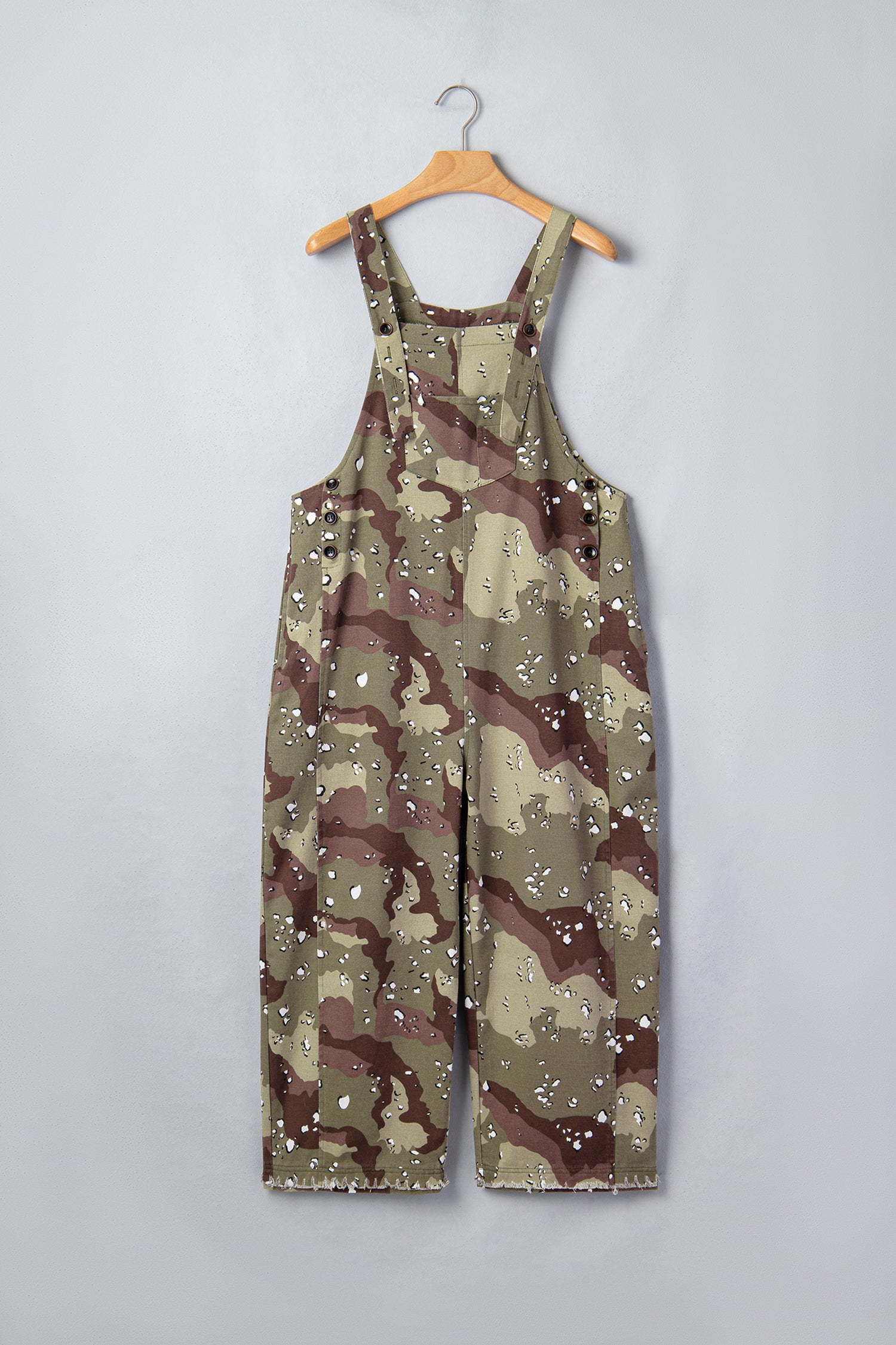 Camouflage Print Leopard Detail Loose Denim Overall Cropped Jumpsuit – Green