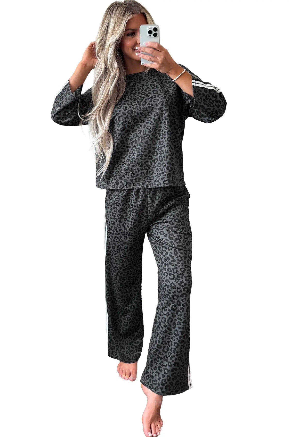 Leopard Print Varsity Striped Detail 3/4 Sleeve Top Shift Pant Set – Pink