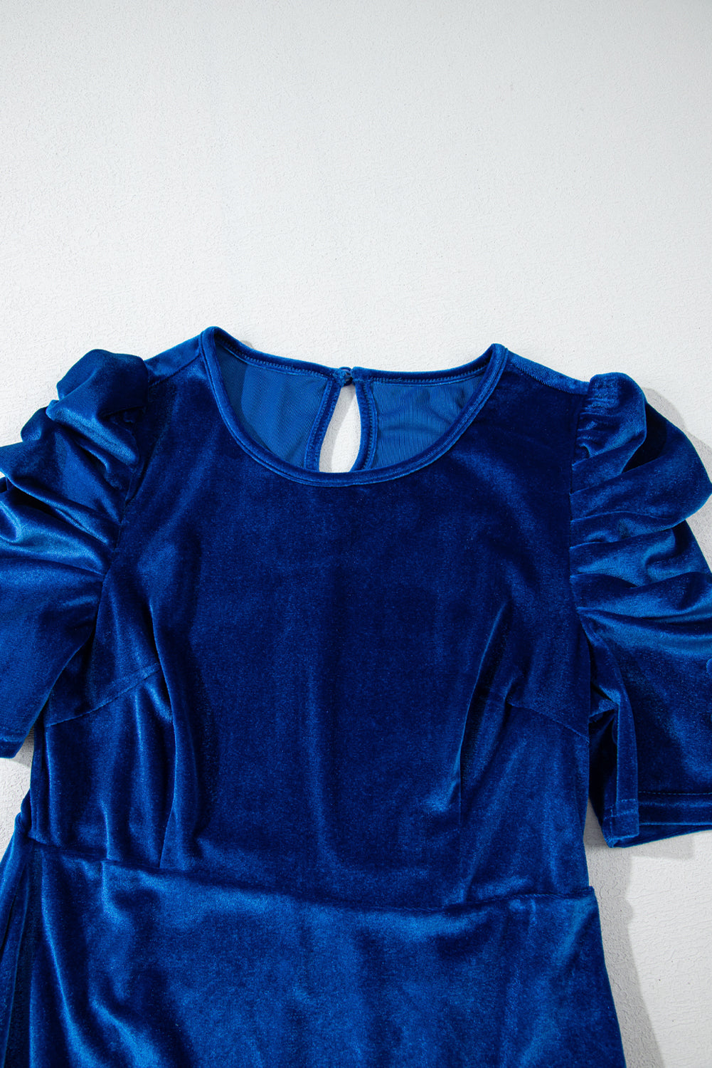 Sail Blue Velvet Ruched Short Sleeve Pocketed Mini Dress Beagle Boutique Fashion Outlet