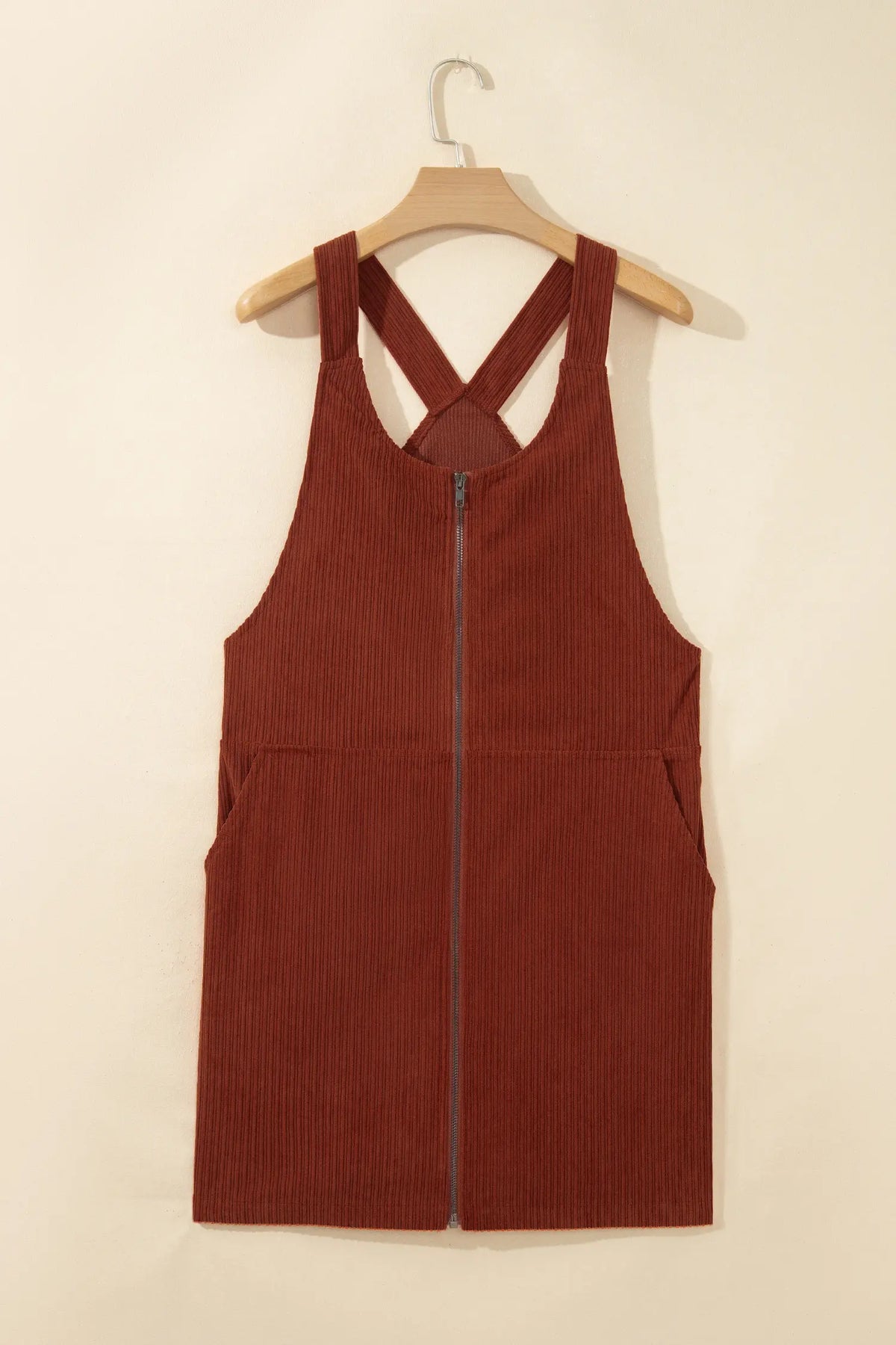 Ribbed Ribbed Zip-Up Sleeveless Pocket Sheath Dress – Clay