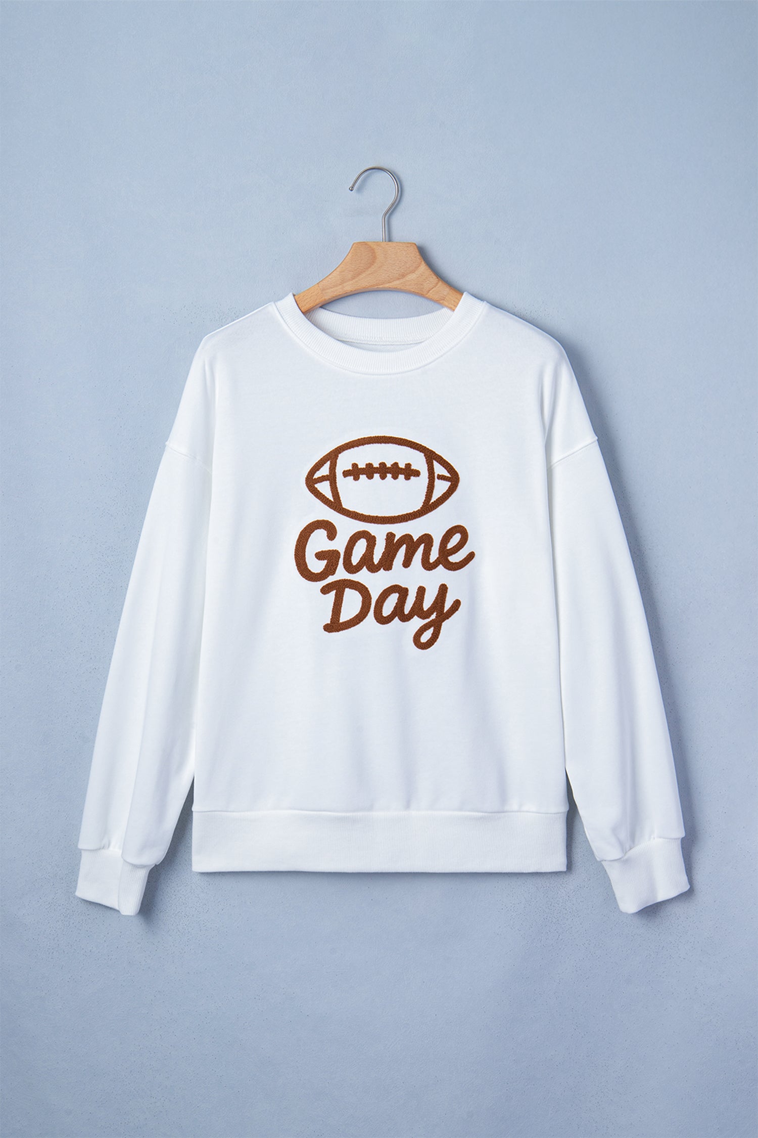 Embroidered Slogan Game Day Rugby Pattern Crewneck Sweatshirt – White