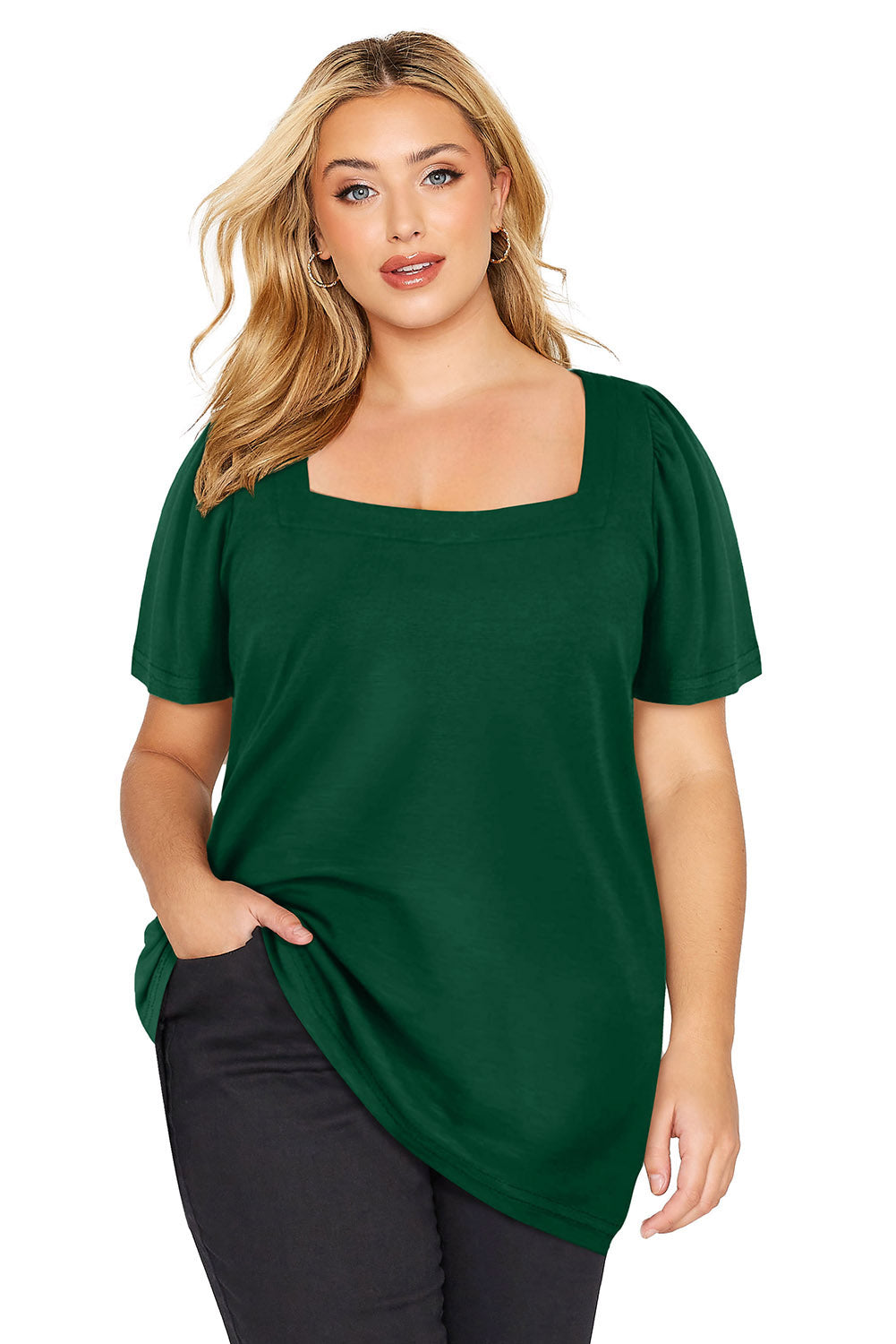 Green Plus Size Square Neck Ruched Shoulder Short Sleeve Top BB Fashion Outlet