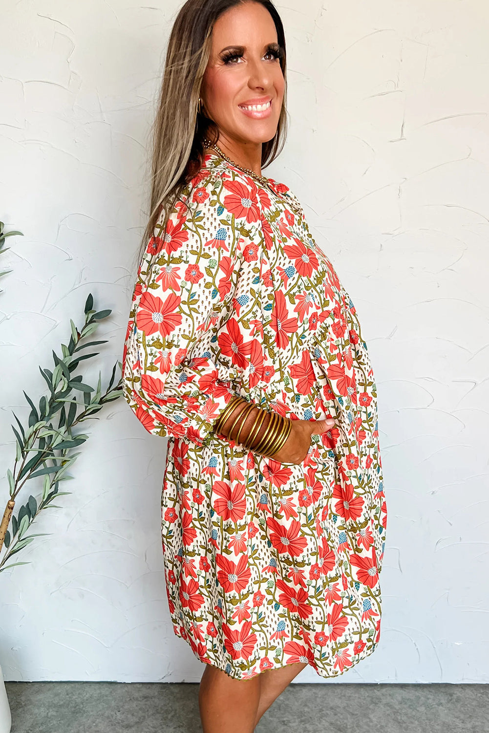 Red Floral Print Ricrac Trim V-Neck 3/4 Sleeve Loose Mini Dress - eAura