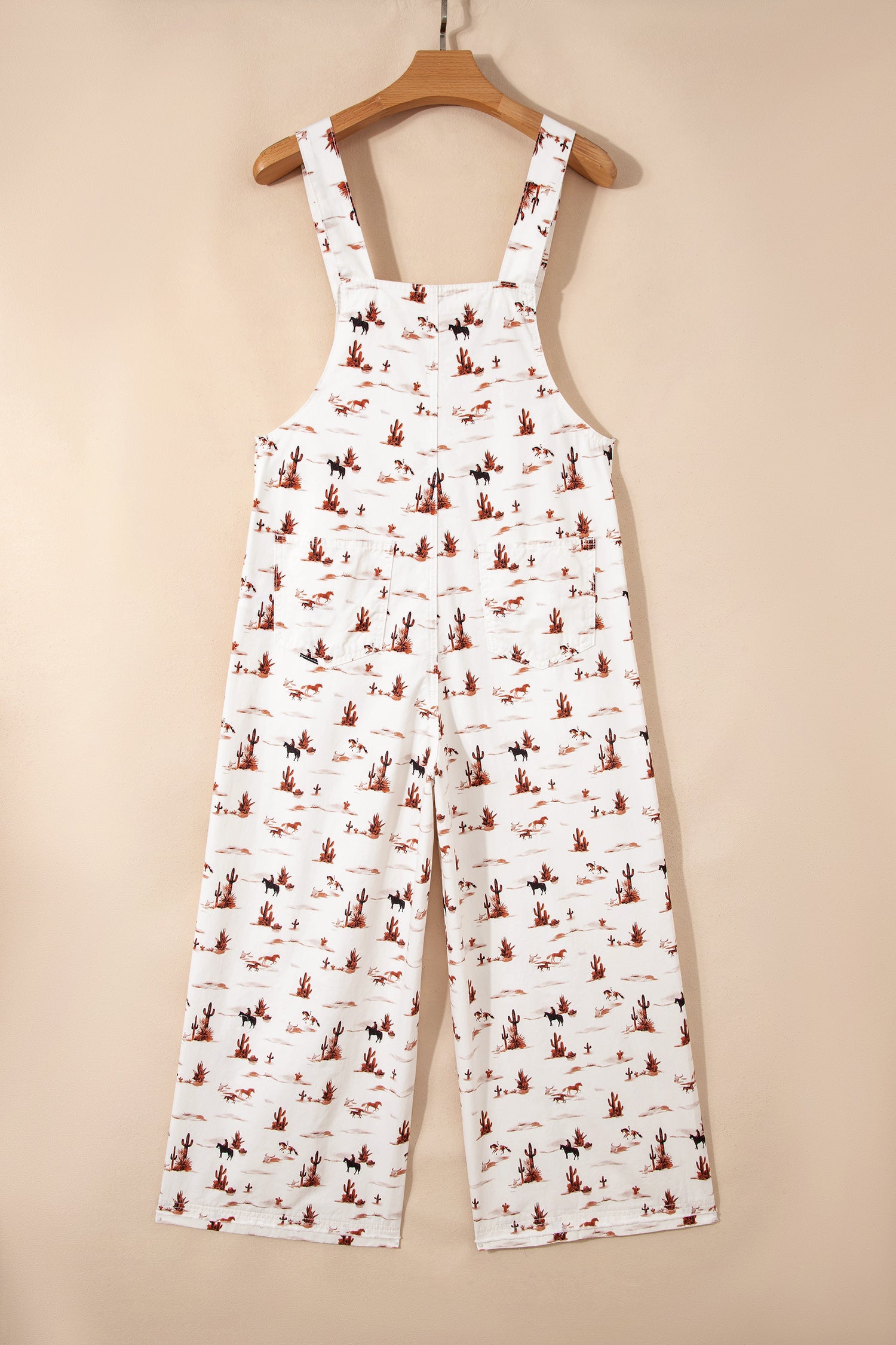 Western Printed Button Adjustable Straps Loose Jumpsuit Dungarees – Beige