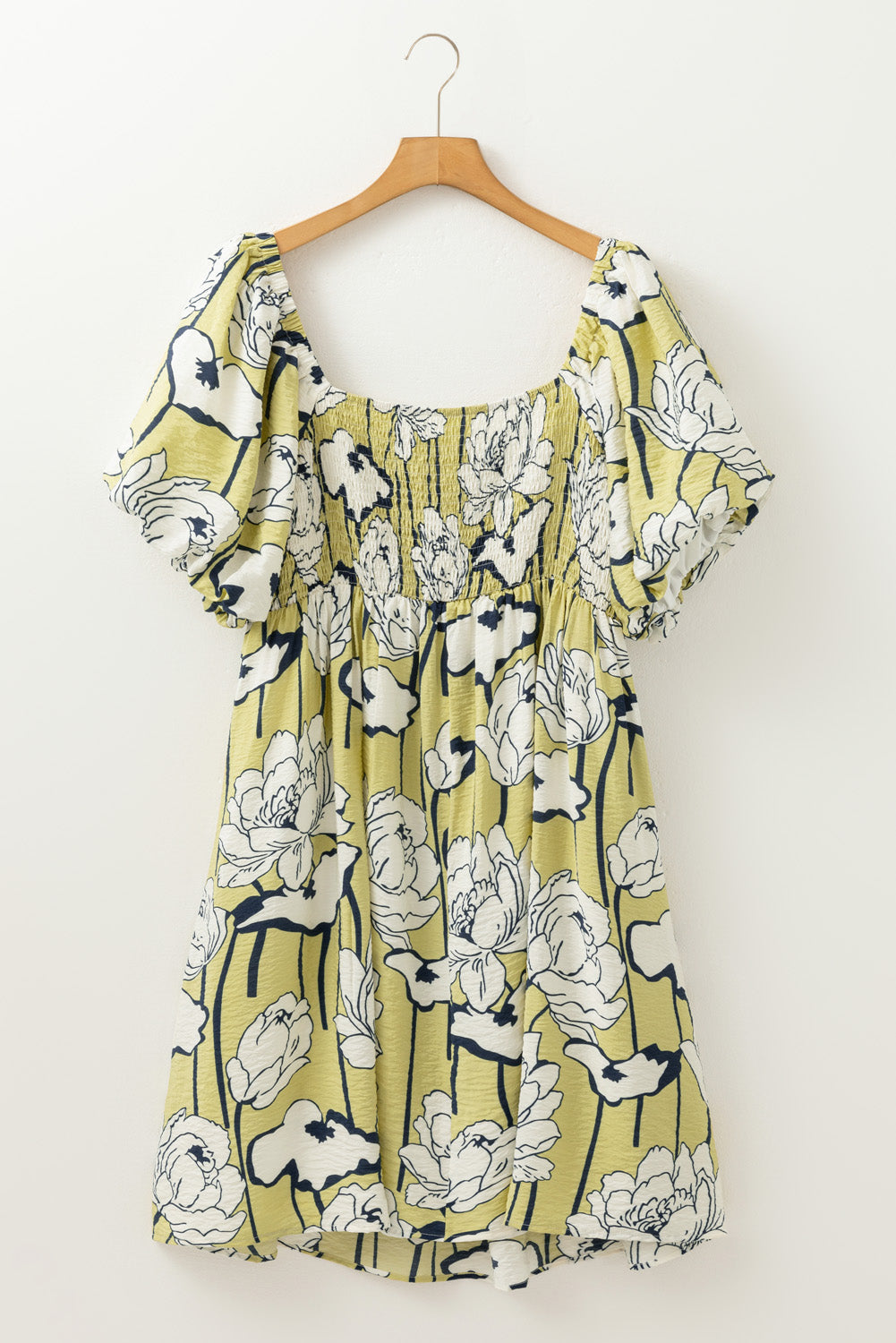 Green Plus Size Floral Print Shirred Square Neck Puff Sleeve Dress BB Fashion Outlet