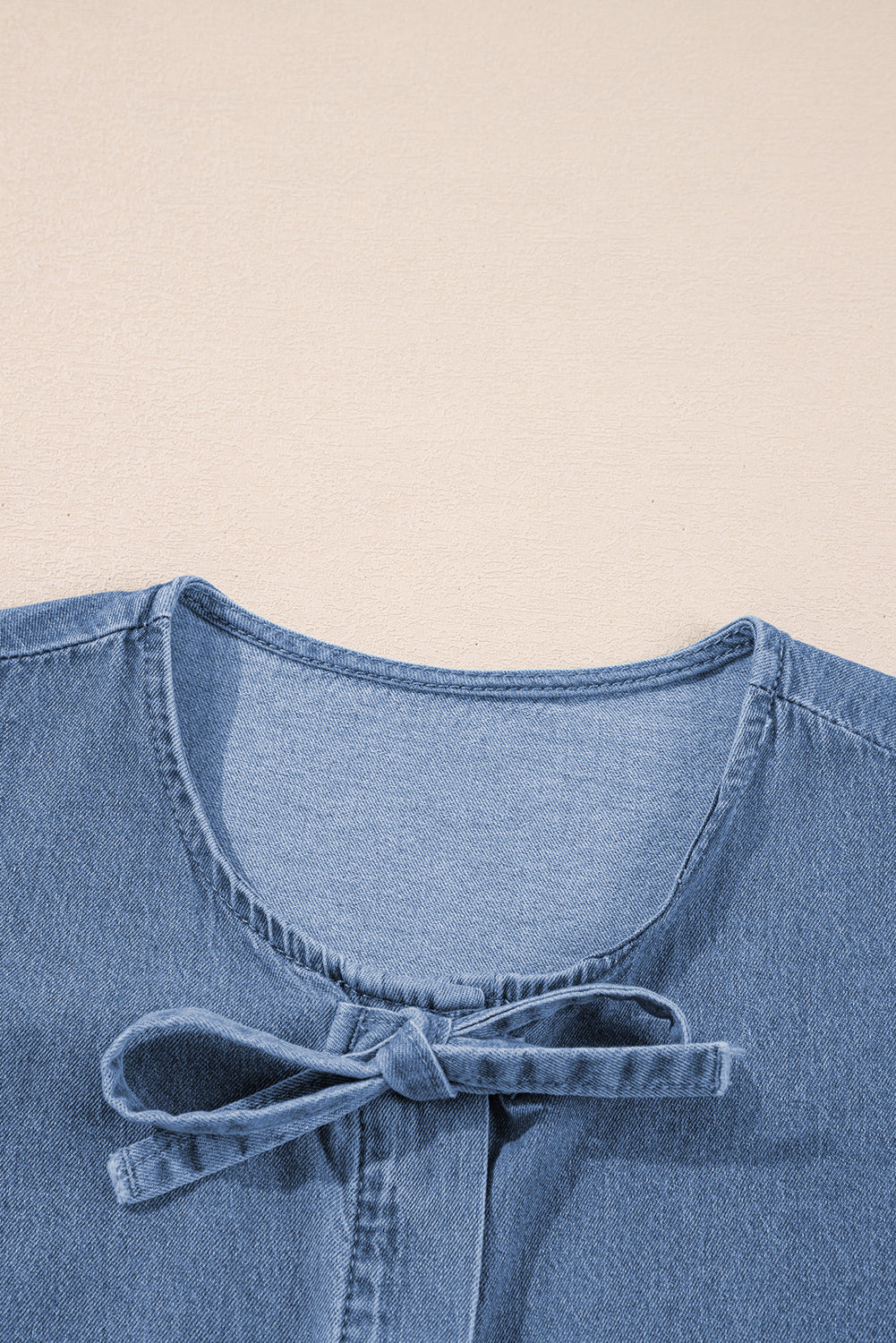 Dusk Blue Tied Front Bubble Sleeve Peplum Denim Shirt eAura