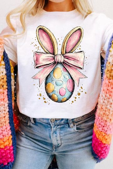 White Easter Egg Bow Bunny Ear Printed T Shirt eAura