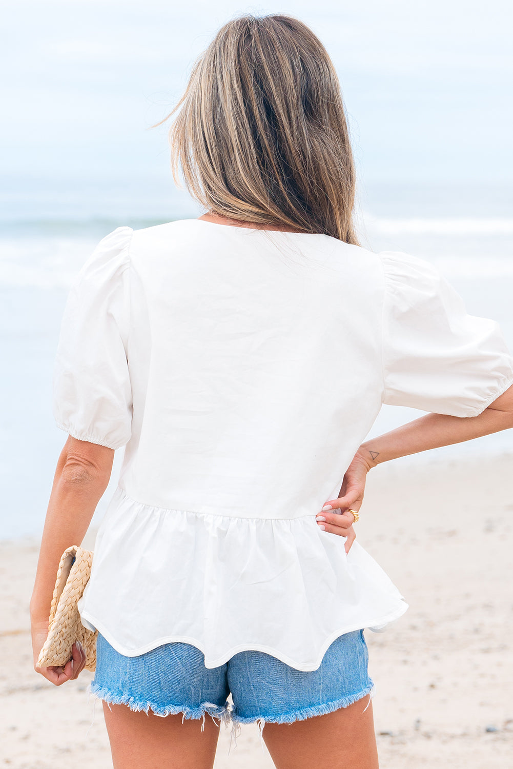 White Bow Knot Decor Square Neck Puff Sleeve Peplum Top eAura